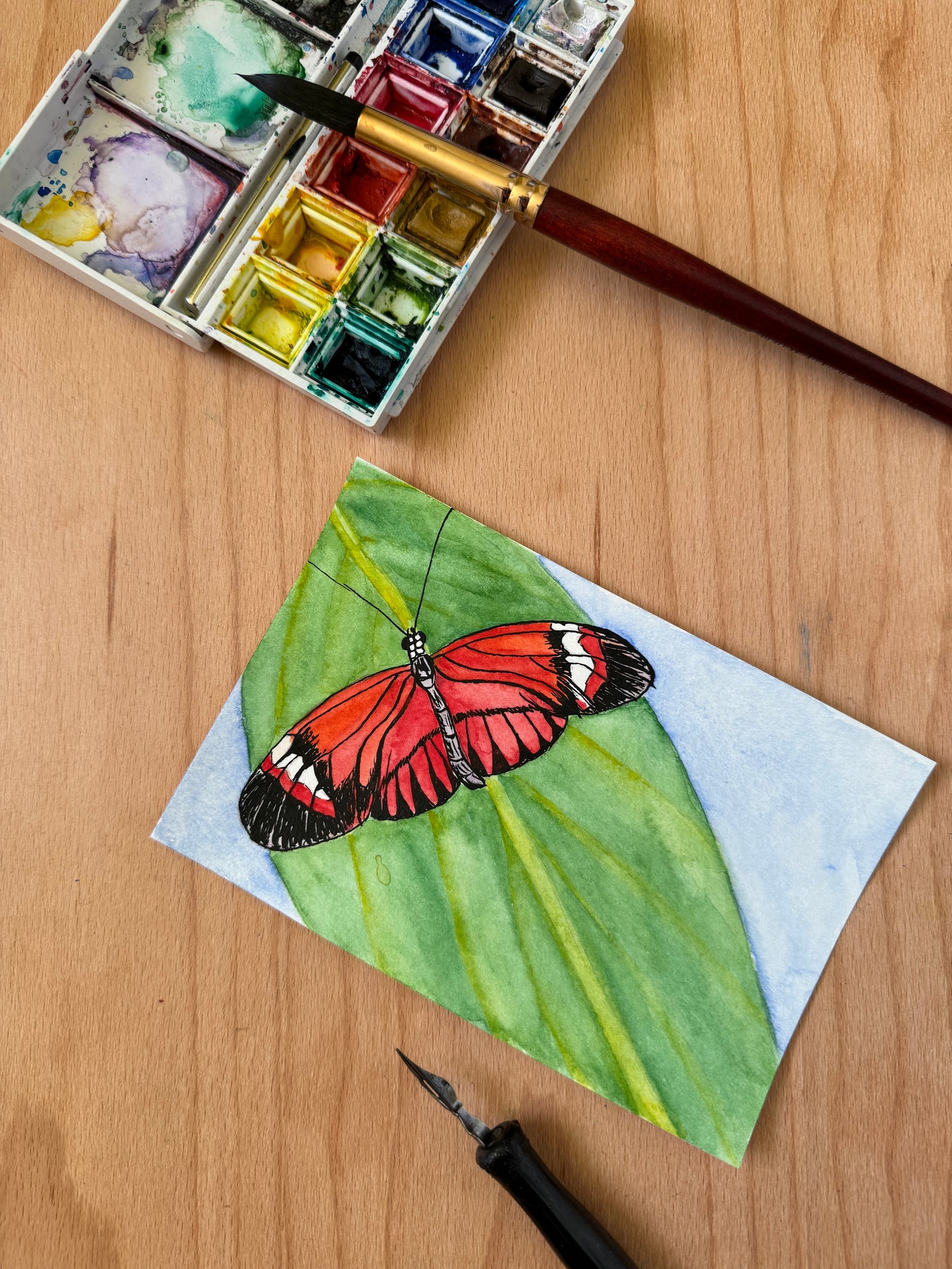 Red Butterfly on Green Leaf Mini Art Original