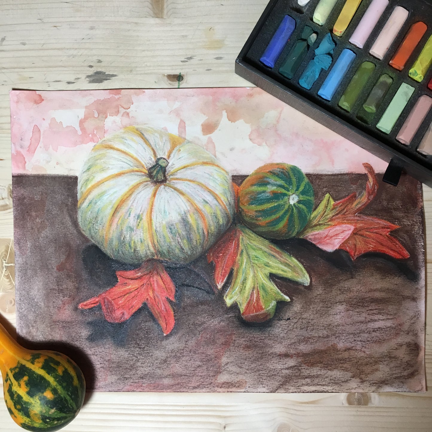 White Pumpkin with Orange and Green Gourd Original