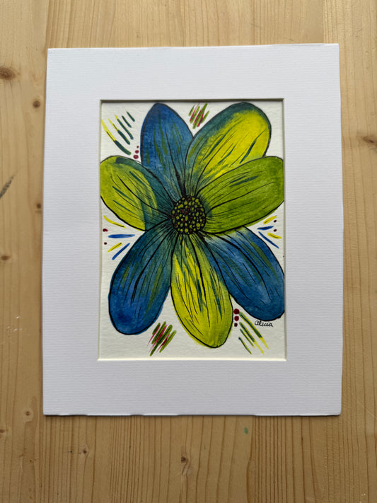 Blue and Yellow Flower Original Watercolor and Ink Artwork