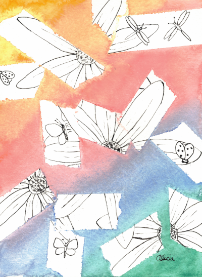 Peek-a-Boo Flowers and Insects Original Ink Drawing